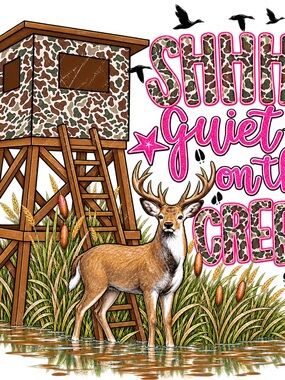 Deer Graphic Tee Print with Camo Hunting Blind & Pink Accents DTF transfer